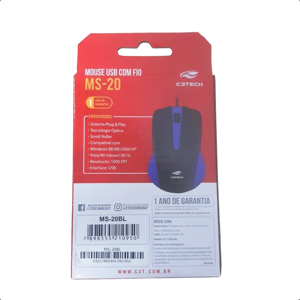 Mouse C3tech Ms-20bl Basico Preto/azul Usb Mouse C3tech Ms-20bl Basico Preto/azul Usb