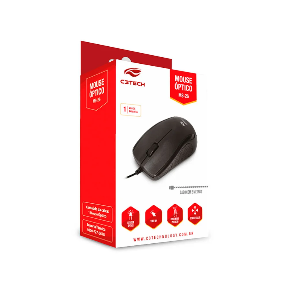 Imagem 3 de 4 do produto Mouse Ms-26bk Usb Cabo 195cm Preto C3tech
