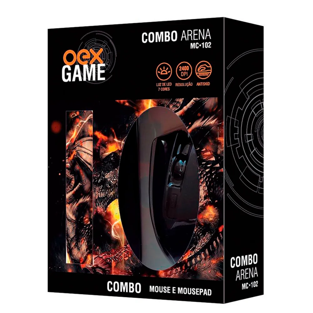 Imagem 2 de 4 do produto Kit Gamer Mouse + Mousepad OEX Arena MC102, LED, 2400DPI, 290x230mm