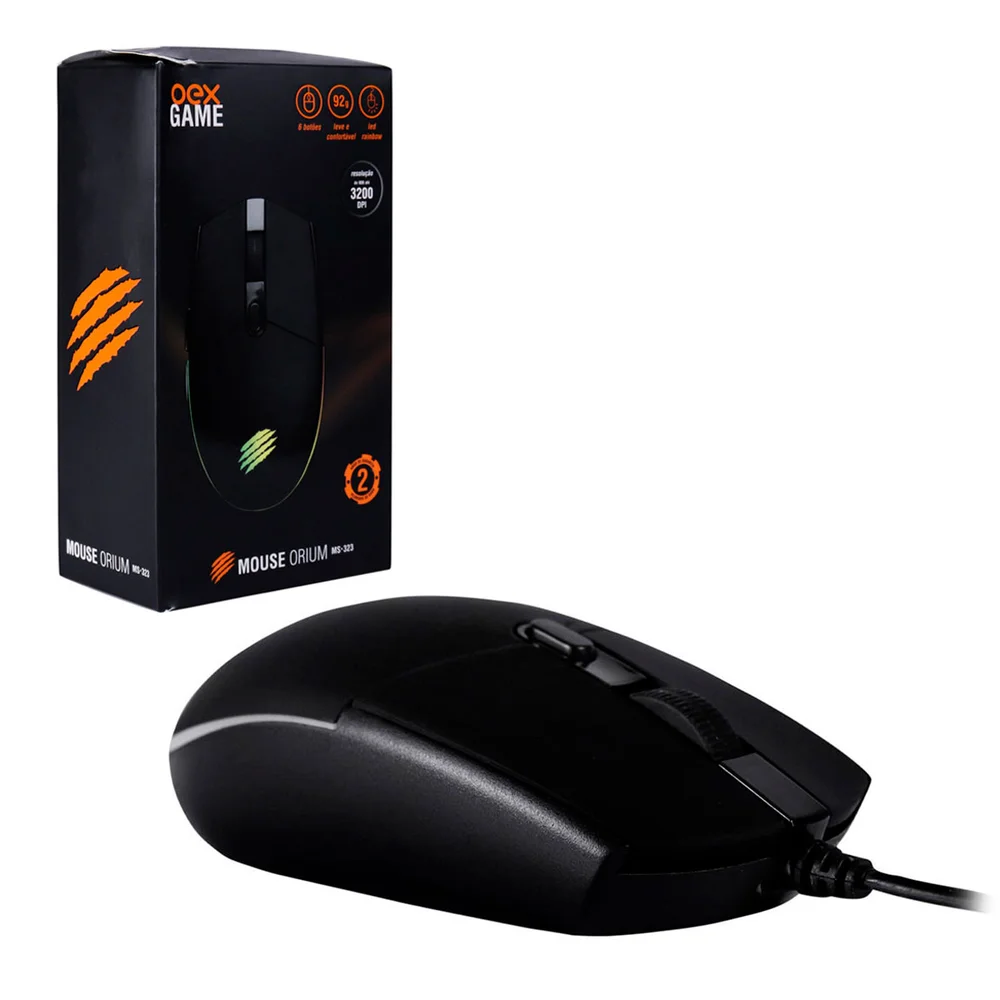 Mouse Gamer OEX ORIUM MS323, LED Rainbow, 3200DPI, 6 Botões, Preto