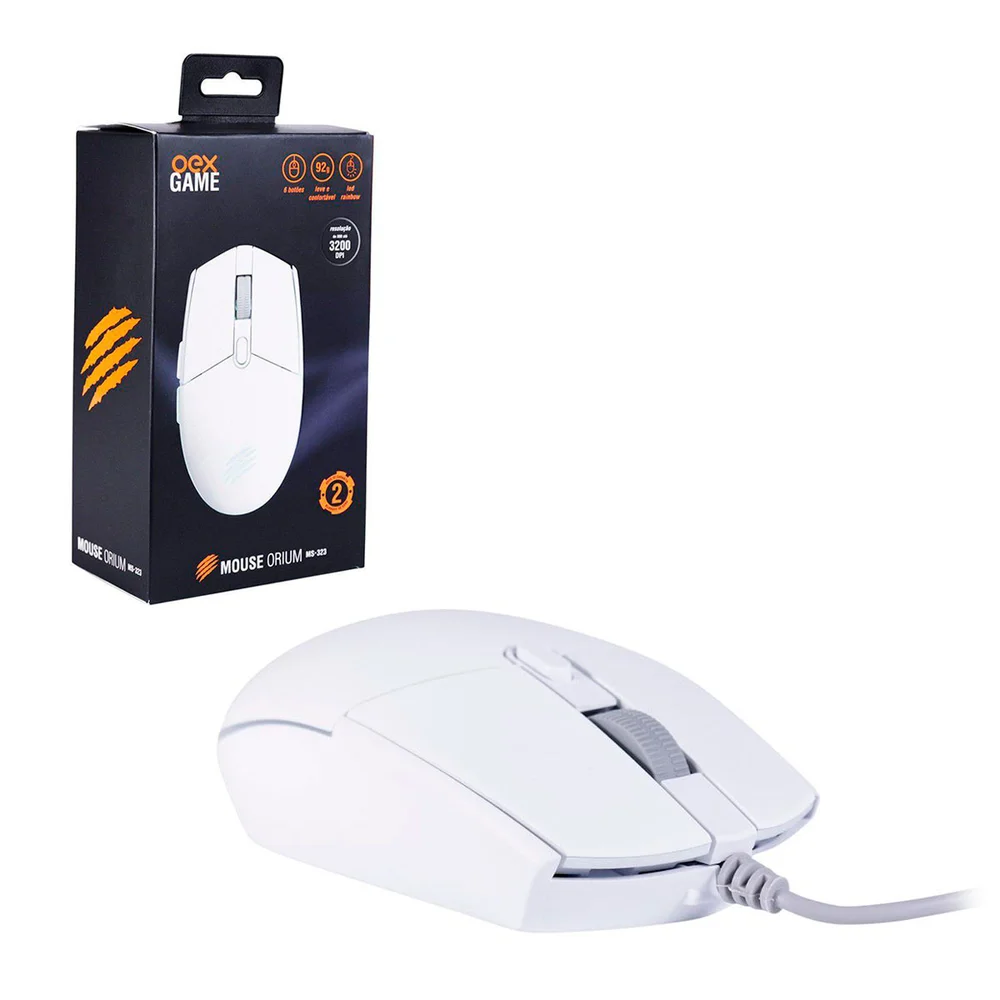 Imagem 3 de 5 do produto Mouse Gamer OEX Orium MS323, USB, 3200 DPI, LED Rainbow, 6 Botões, Branco