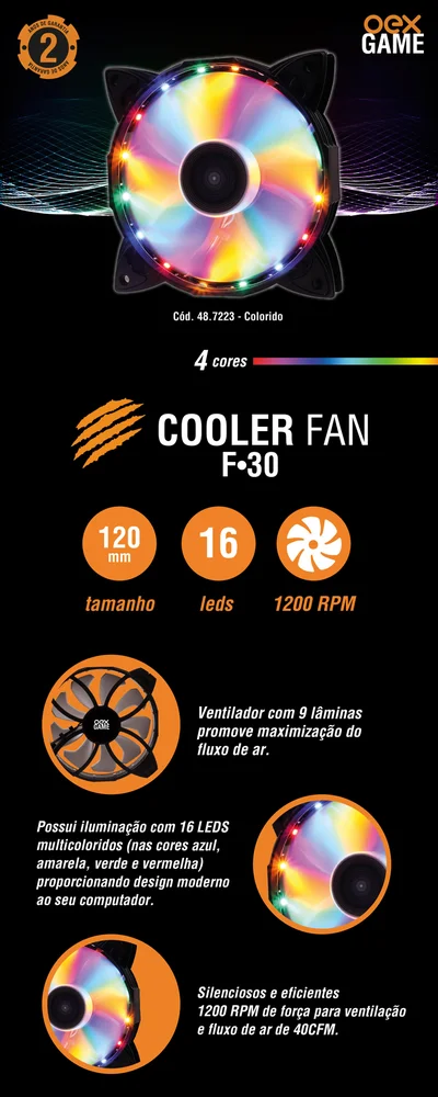 Cooler FAN OEX F30, 120mm, LED, 4 Cores Fixas 8
