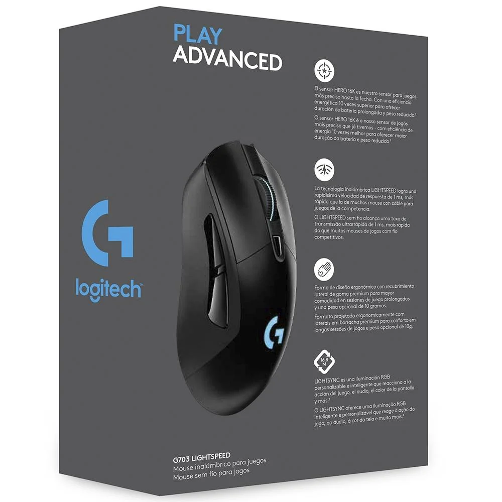 Imagem 4 de 5 do produto Mouse Sem Fio Gamer Logitech G703 Hero 16k, Lightspeed, RGB Lightsync, Recarregável, 16000 DPI, Preto, 6 Botões- 910-005639