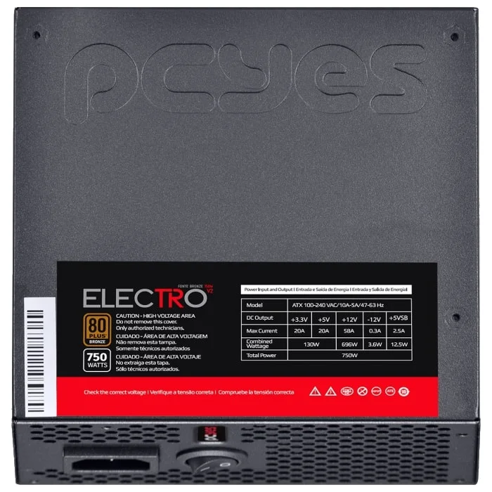 Imagem 3 de 5 do produto Fonte Pcyes Electro V2, 750W, 80 Plus Bronze, PFC Ativo, Rev.2