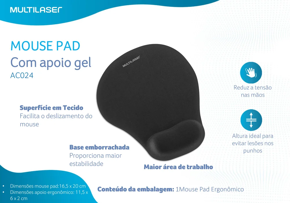 Imagem 3 de 4 do produto Mouse Pad Multilaser Ac024, Ergonômico, Com Apoio De Pulso Em Gel, Preto