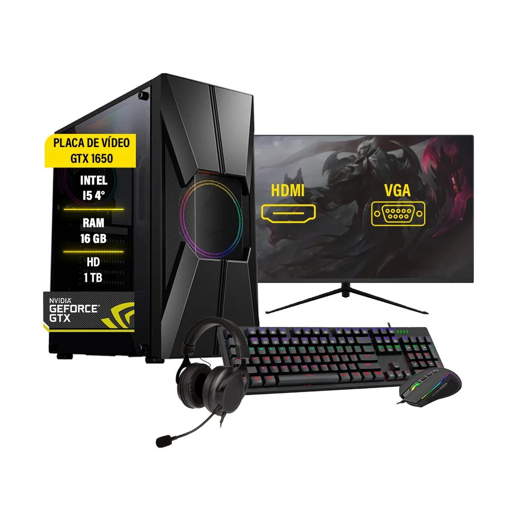 PC Gamer Completo I5, GTX 1650, 16GB, HD 1TB, Fonte 750W, Monitor 27"