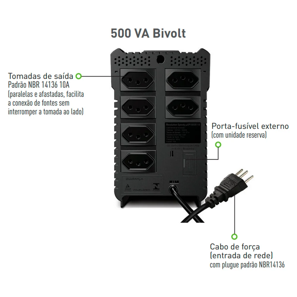 Imagem 3 de 5 do produto Estabilizador Sms Revolution Speedy 500va, Entrada Bivolt Automático, Saída 115v, 6 Tomadas - 16620