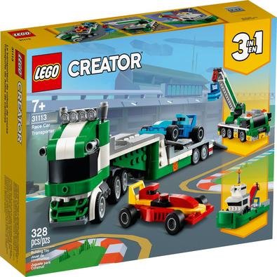 Aventuras de corrida emocionantes para os jovens construtores com LEGO® Creator 3em1 Transportador de Carros de Corrida (31113). Inclui um caminhão co