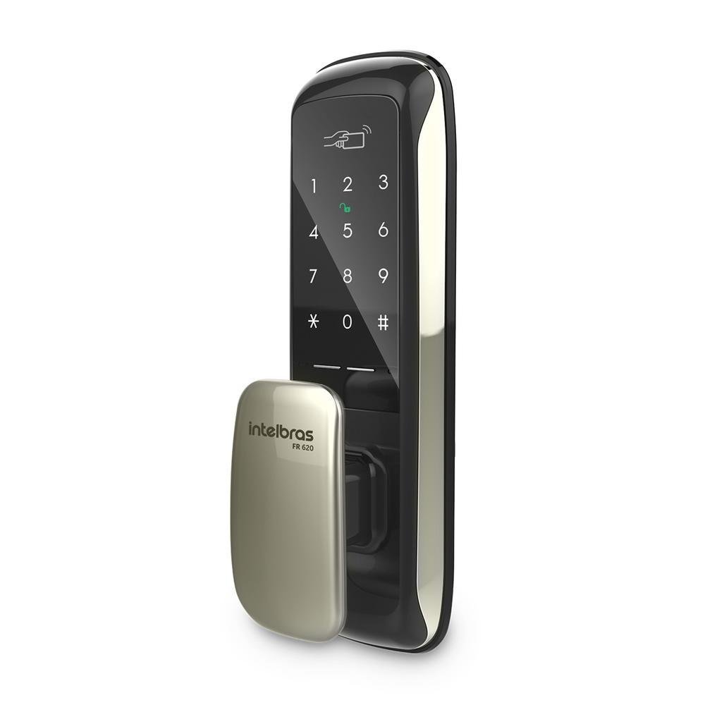 Fechadura Digital Intelbras FR620 Push & Pull Senha e Tag Preta e Dourada Alimentada por Pilhas