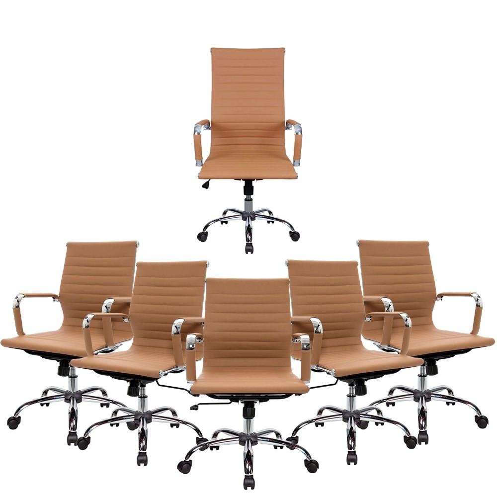 Conjunto Cadeiras Escritório 1 Presidente + 5 Diretor Boston Sala De Reunião Esteirinha Caramelo