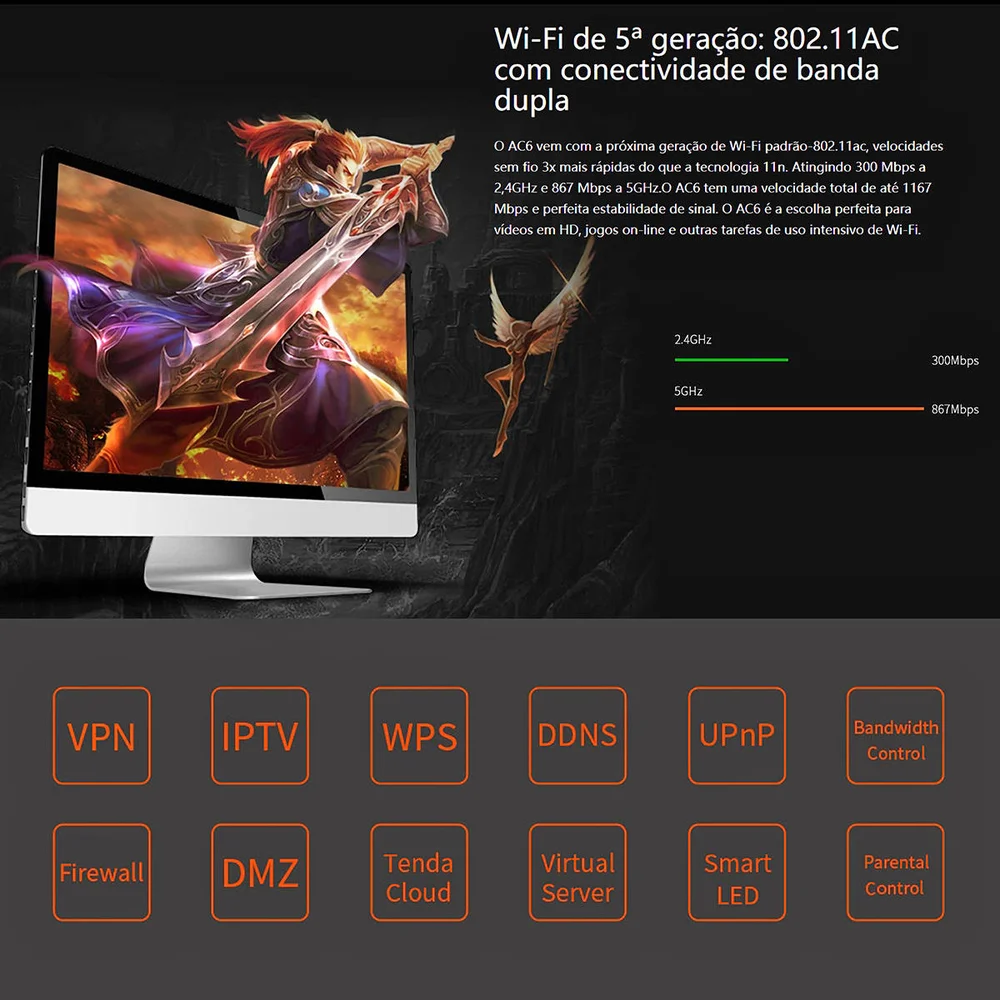Imagem 4 de 5 do produto Roteador Tenda AC6, Dual-Band AC1200 Mbps, Beamforming+ 2.4Ghz e 5Ghz High Power - AC6