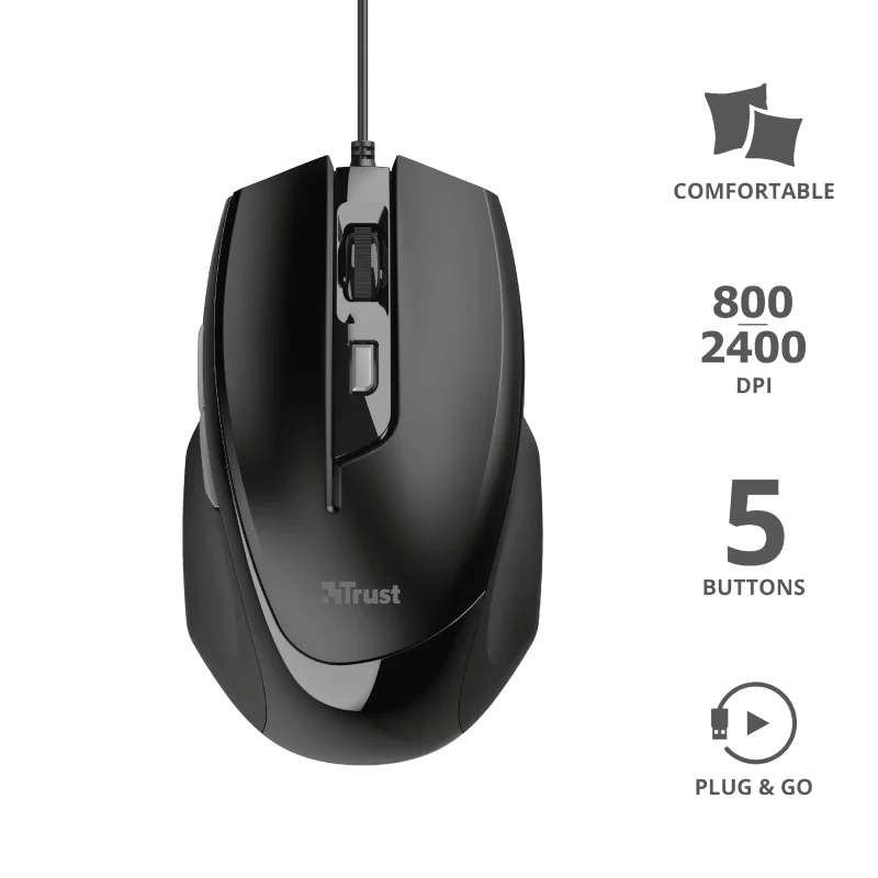 Imagem 2 de 5 do produto Mouse Óptico Trust Voca Comfort 2400DPI USB 5 Botões Black Piano - 23650