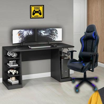 Conjunto Mesa para Computador / Gamer XP Preto com Gancho para HeadSet e Cadeira Gamer MoobX Thunder Preto / Azul A Mesa Gamer XP foi desenvolvida par