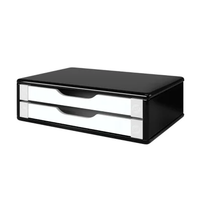 Suporte De Mesa Para Monitor Souza Office, 2 Gavetas, Mdf, Black Piano C/ Gavetas Brancas - 3348
