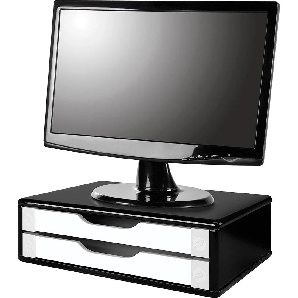 Imagem 3 de 4 do produto Suporte De Mesa Para Monitor Souza Office, 2 Gavetas, Mdf, Black Piano C/ Gavetas Brancas - 3348