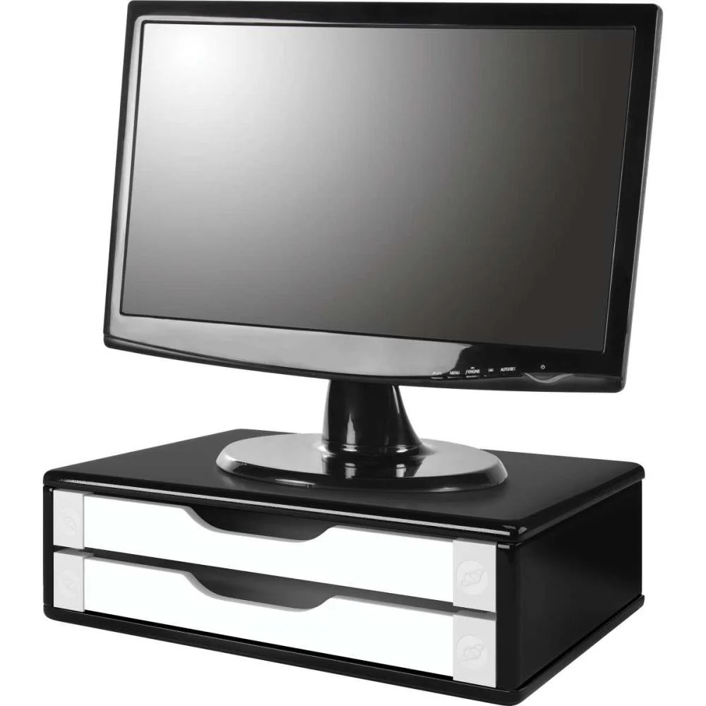 Imagem 4 de 4 do produto Suporte De Mesa Para Monitor Souza Office, 2 Gavetas, Mdf, Black Piano C/ Gavetas Brancas - 3348