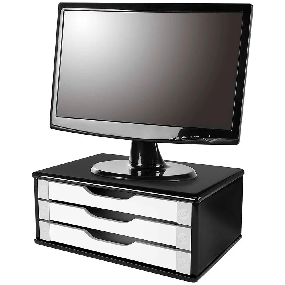 Imagem 3 de 4 do produto Suporte Para Monitor De Mesa, Articulável, Com 3 Gavetas, Black Piano E Branco, 3349