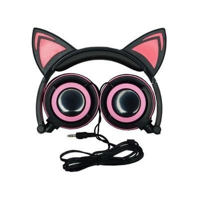 Fone Ouvido Headphone Com Fio Estéreo Orelha Gato Gatinho Led Infantil P2  Exbom HF-C22 Rosa