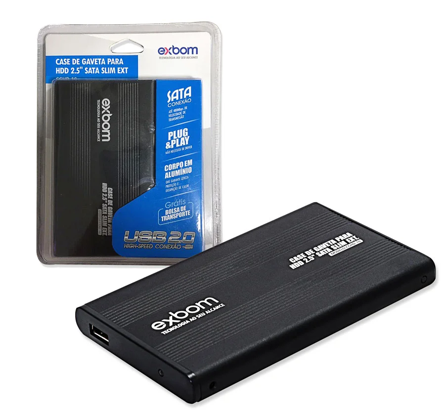 Case Para HD Exbom Externo, SATA 2.5, USB, Alumínio Resistente, Preto