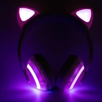 Fone de Ouvido Headphone Bluetooth Orelha de Gato LED Preto