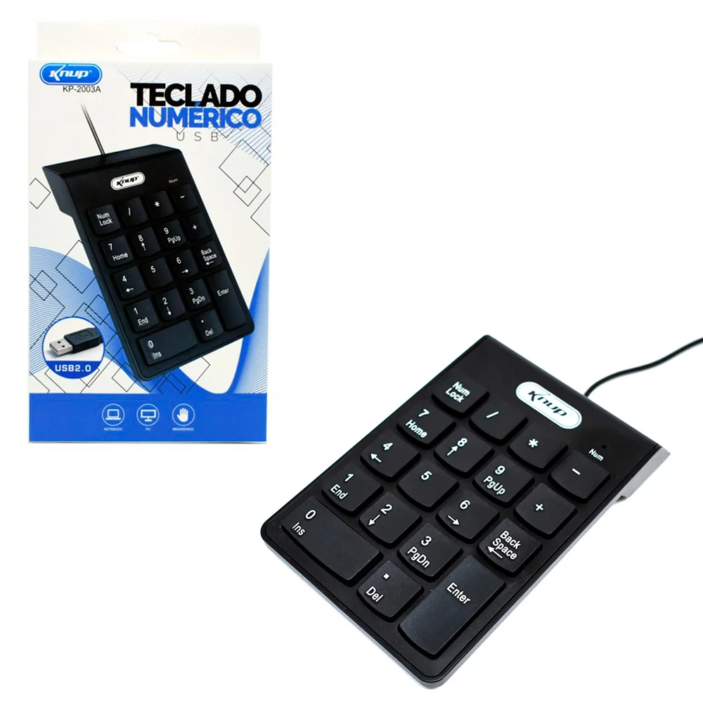 Imagem 3 de 5 do produto Teclado Numérico Com Fio USB 2.0 Knup 18 Teclas Plug and Play Preto Notebook PC - KP-2003A