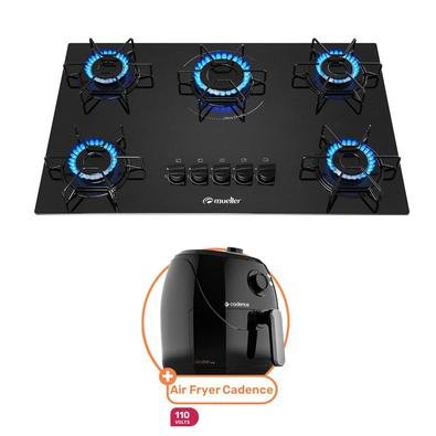 Kit Cooktop Mueller 5 Bocas a Gas Preto Bivolt com Fritadeira Air Fryer Cook Master Cadence 5,5L Preta 127V 1700W Um Kit de eletrodomésticos feito exa