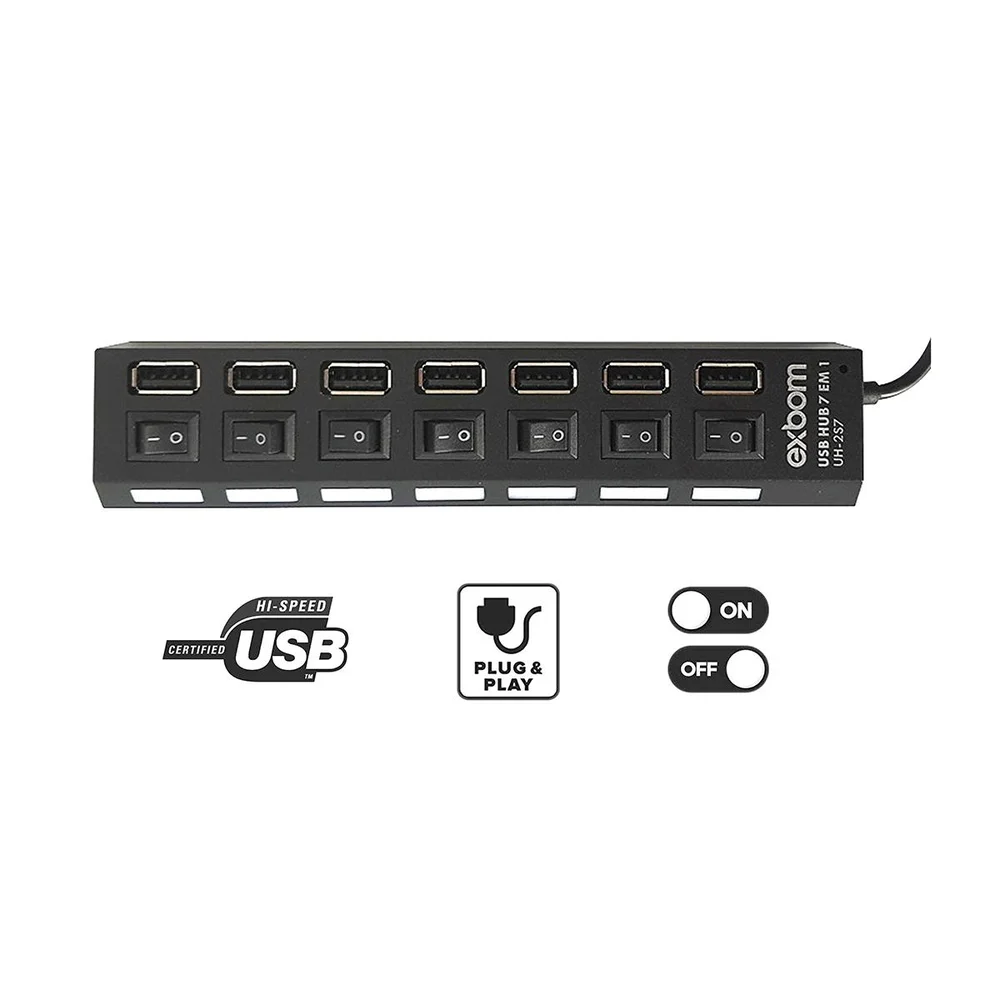 Imagem 2 de 5 do produto Hub Usb 7 Portas 2.0 Com Leds Indicadores E Botões On/off Individuais Exbom Uh-2s7