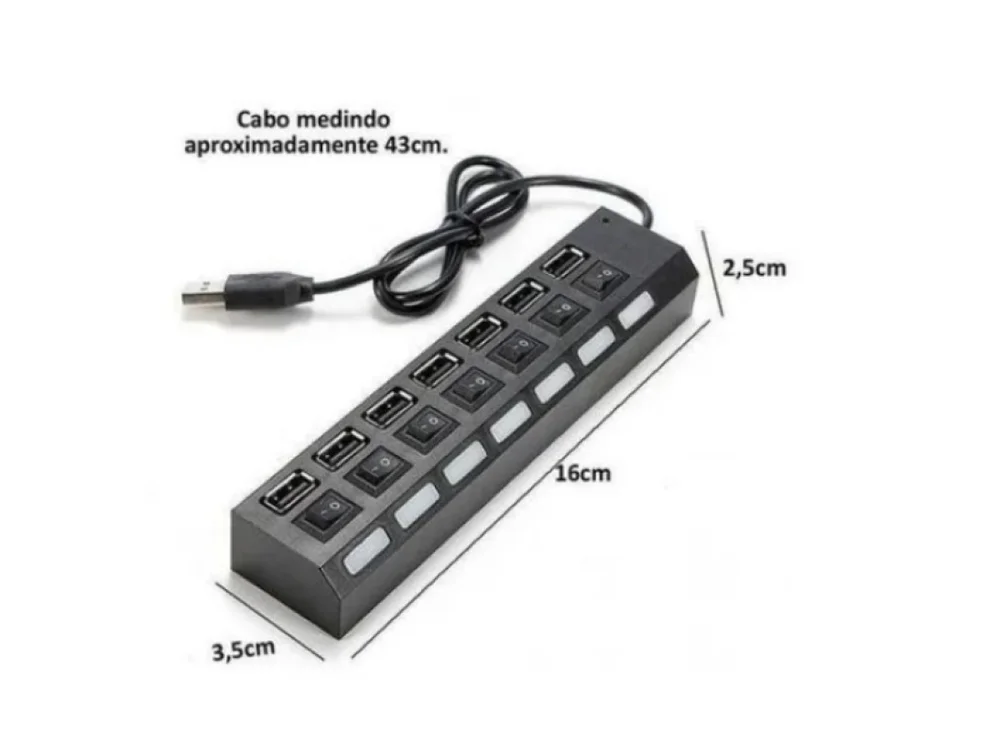 Imagem 3 de 5 do produto Hub Usb 7 Portas 2.0 Com Leds Indicadores E Botões On/off Individuais Exbom Uh-2s7