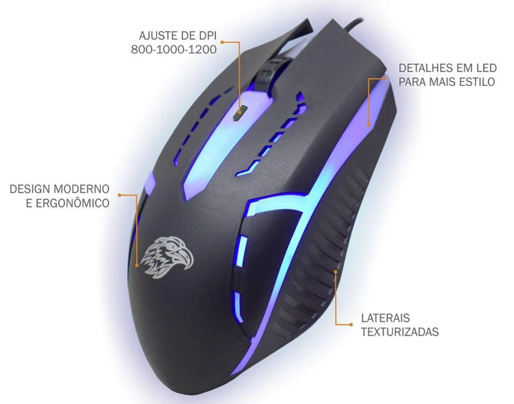 Imagem 2 de 5 do produto Mouse Gamer K-mex, LED, 1600 DPI, USB, Preto - MOA8