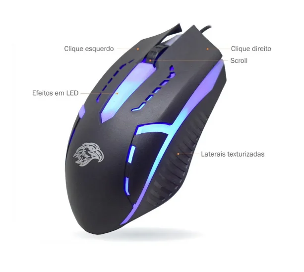 Imagem 4 de 5 do produto Mouse Gamer K-mex, LED, 1600 DPI, USB, Preto - MOA8