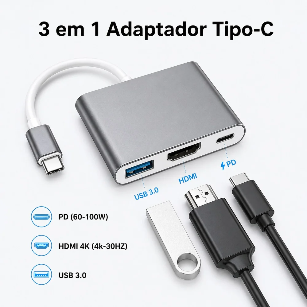 Imagem 2 de 5 do produto Adaptador Conversor Usb C Para Hdmi, Usb E Usb C - Tomate  Mtc-7106