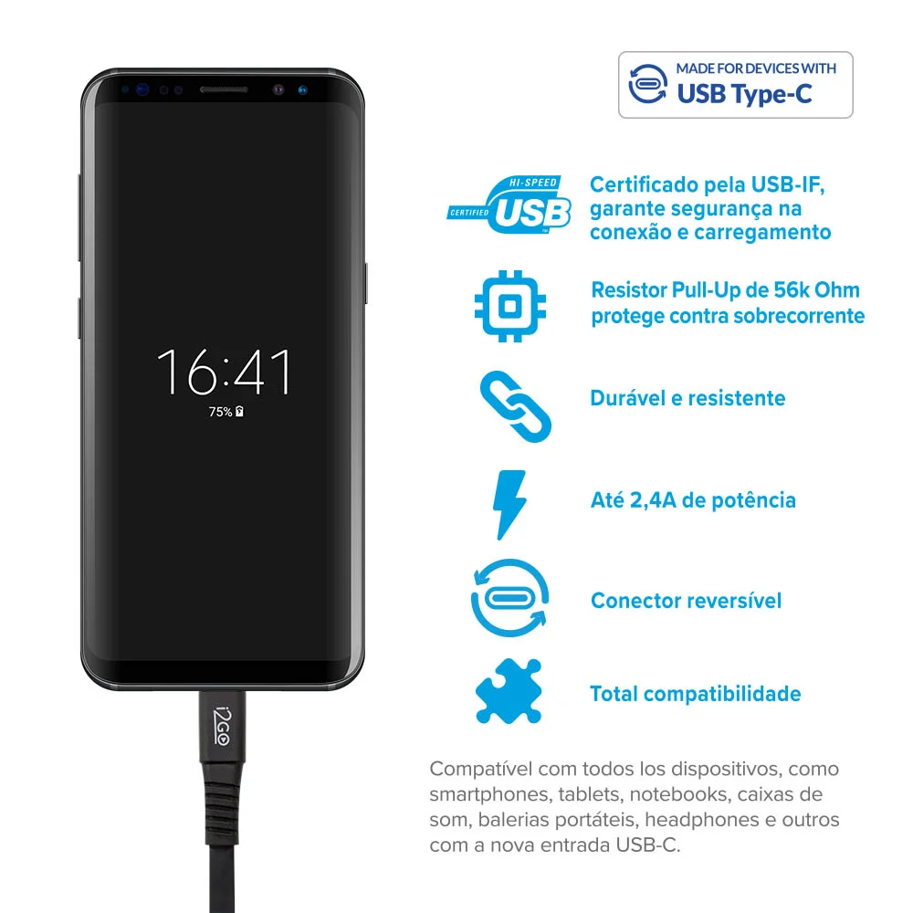 Imagem 3 de 5 do produto Cabo Usb-c I2go 1,2m 2,4a Flat Preto