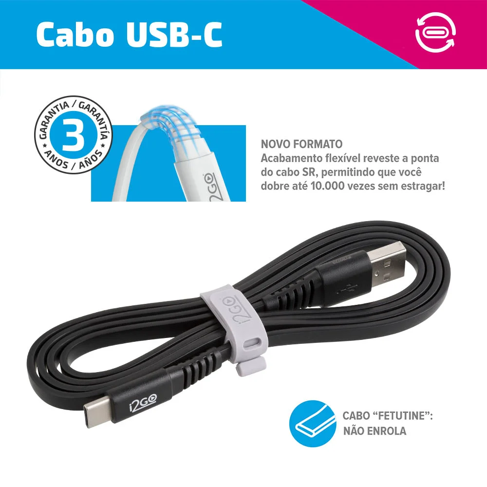 Imagem 4 de 5 do produto Cabo Usb-c I2go 1,2m 2,4a Flat Preto