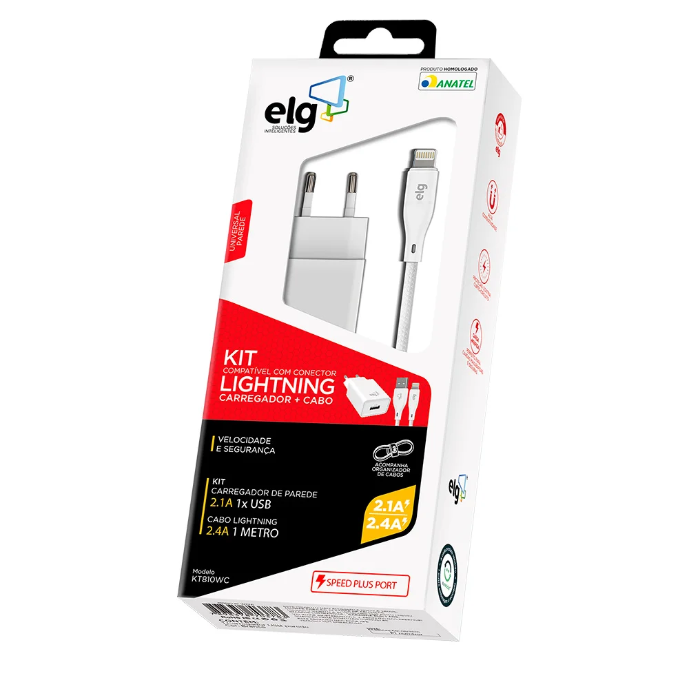 Kit Carregador De Parede Universal, Com Cabo Lightning De 1 Metro, Carga Rápida 2.4a, Branco, Kt810wc, Elg