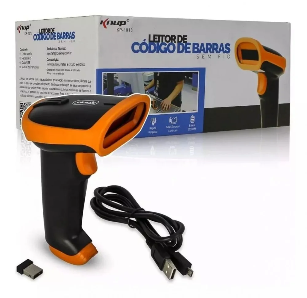 Leitor de Código de Barras Sem Fio a Laser Wireless USB Preto e Laranja 650nm Laser Knup - KP-1018