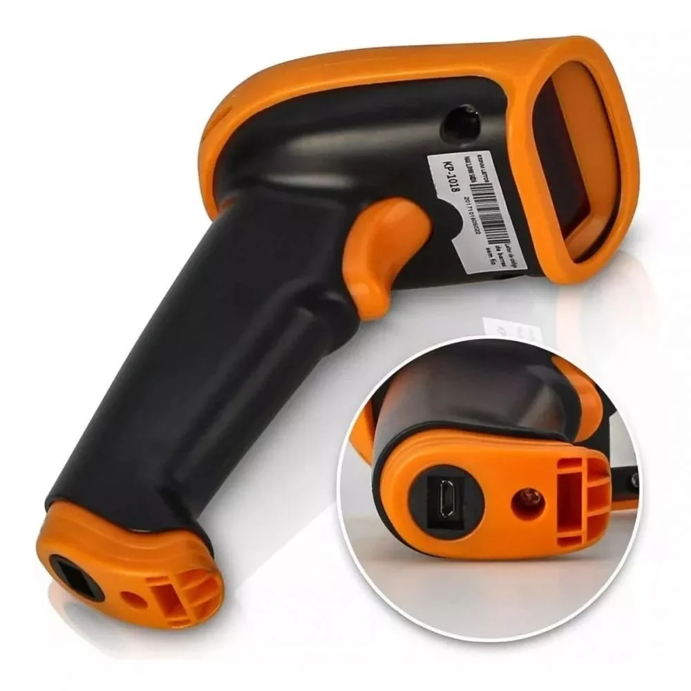 Leitor de Código de Barras Sem Fio a Laser Wireless USB Preto e Laranja 650nm Laser Knup - KP-1018