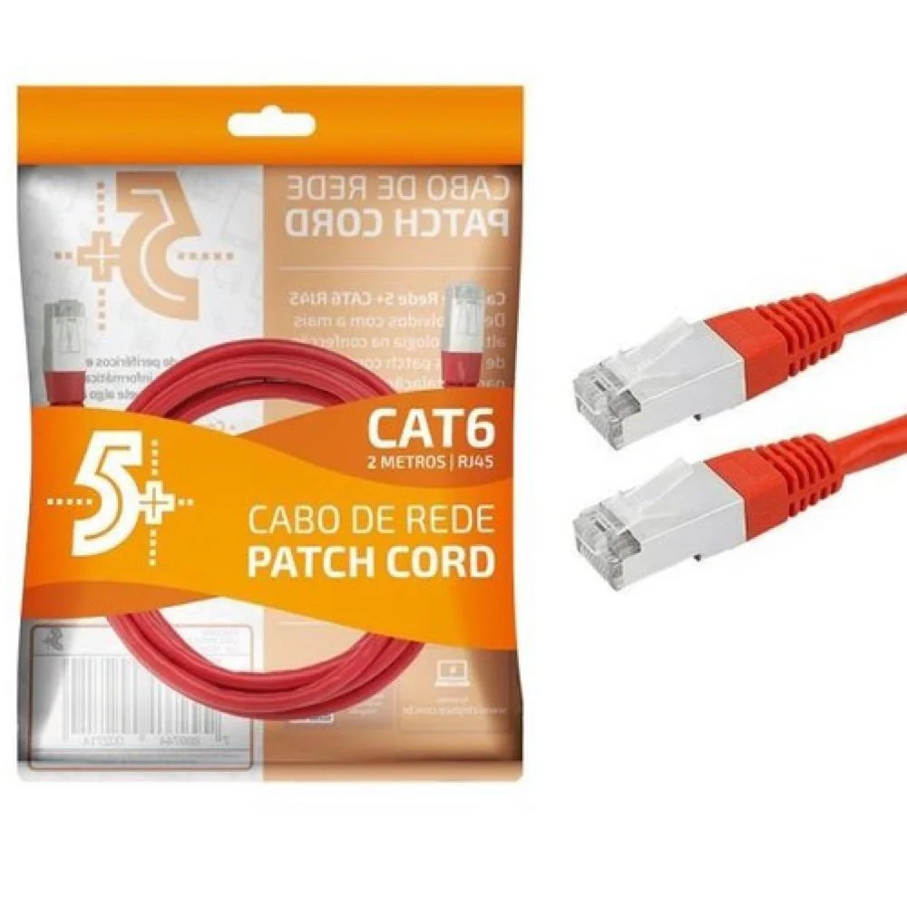 Cabo De Rede Ftp 5+ (patch Cord) Rj45 Cat 6, Blindado, 2 Metros, Vermelho, Chip Sce 018-1085