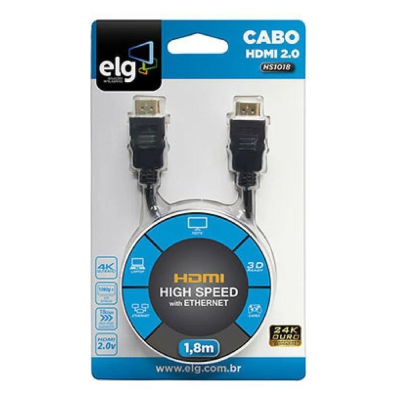 Imagem 2 de 5 do produto Cabo HDMI Alta Performance V2.0, 4k Ultra Hd, Arc E Ethernet, Conectores Com Banho De Ouro 24k, Com 1,8 Metros, Preto, Hs1018, Elg