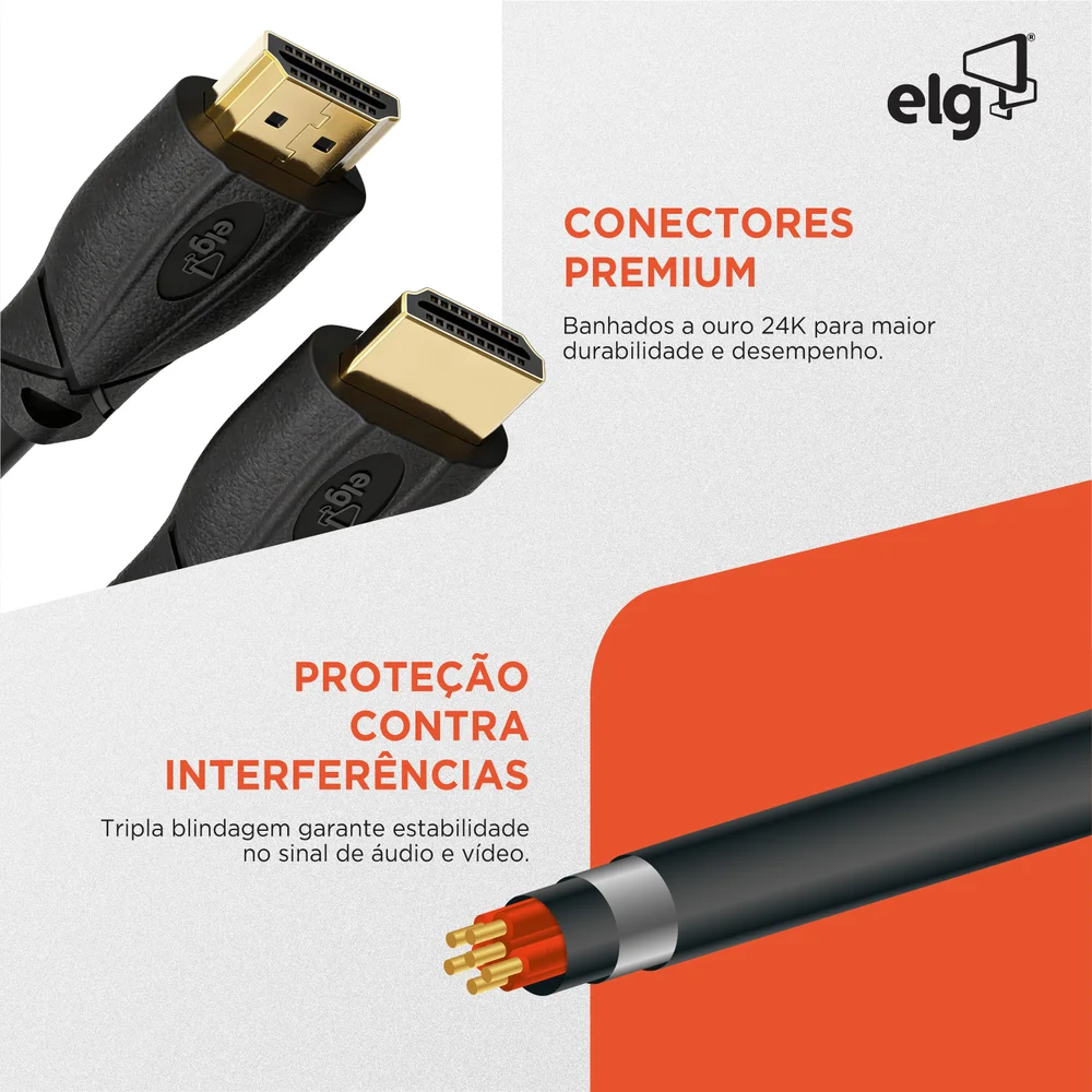 Imagem 3 de 5 do produto Cabo HDMI Alta Performance V2.0, 4k Ultra Hd, Arc E Ethernet, Conectores Com Banho De Ouro 24k, Com 1,8 Metros, Preto, Hs1018, Elg