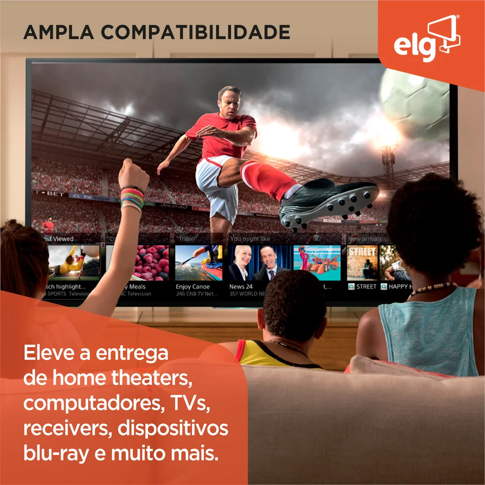 Imagem 4 de 5 do produto Cabo HDMI Alta Performance V2.0, 4k Ultra Hd, Arc E Ethernet, Conectores Com Banho De Ouro 24k, Com 1,8 Metros, Preto, Hs1018, Elg