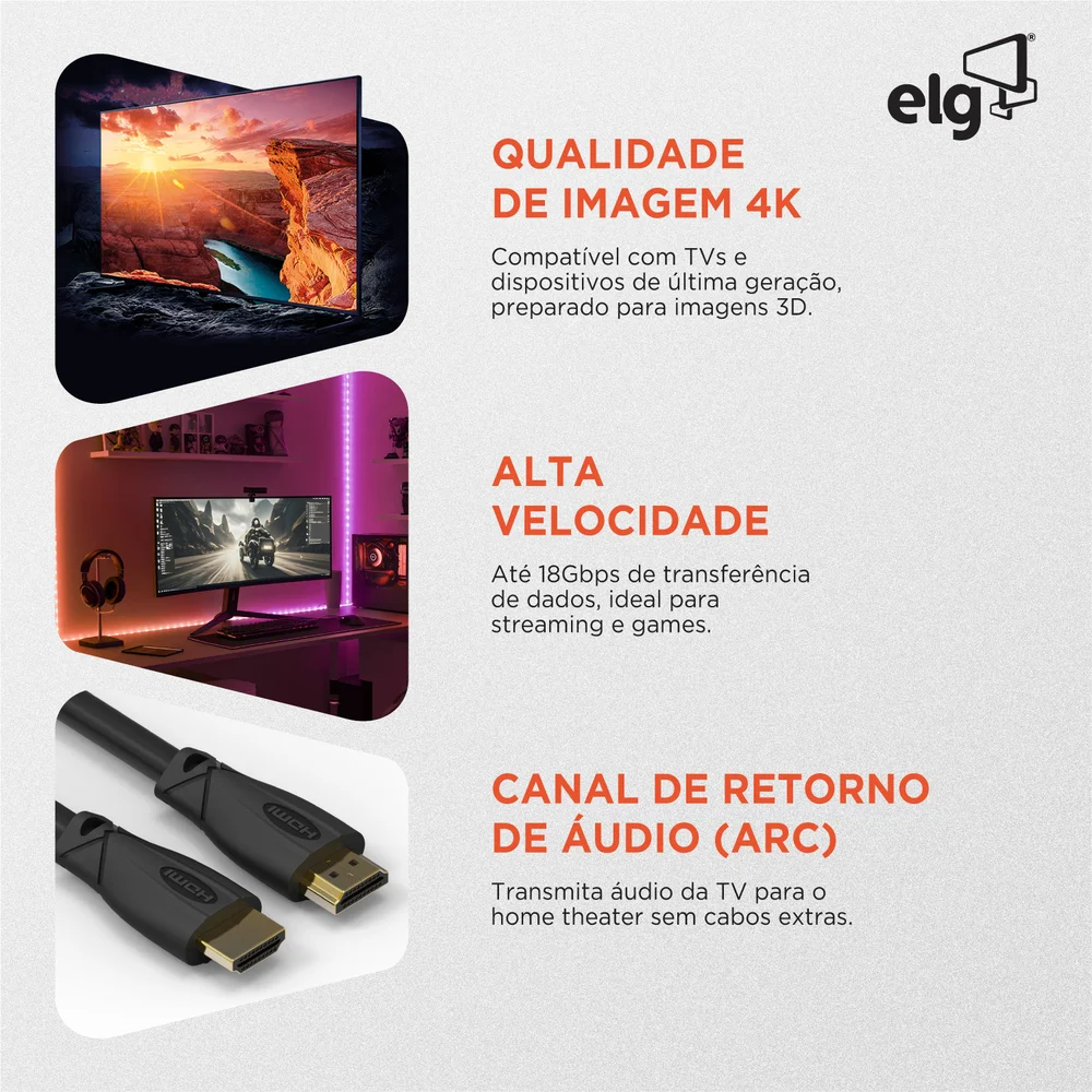 Imagem 5 de 5 do produto Cabo HDMI Alta Performance V2.0, 4k Ultra Hd, Arc E Ethernet, Conectores Com Banho De Ouro 24k, Com 1,8 Metros, Preto, Hs1018, Elg