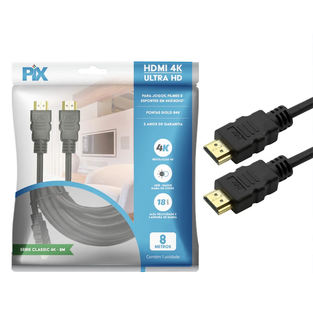 Imagem 3 de 5 do produto Cabo HDMI Pix 018-2228 2.0 Premium 4k UltraHD 3D chip Sce, 19 Pinos, 8 Metros