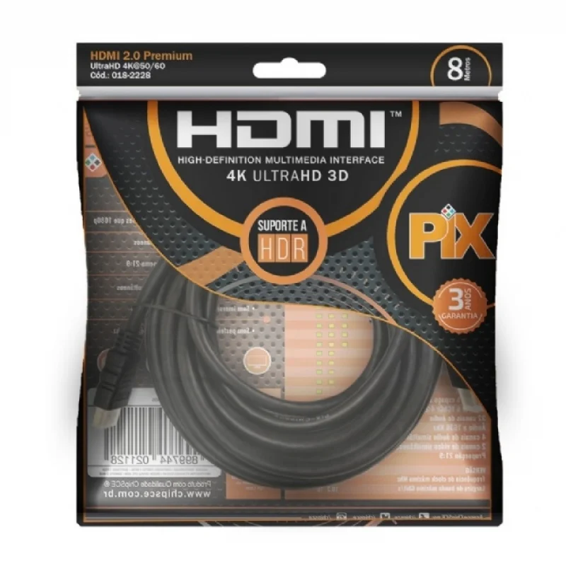 Imagem 4 de 5 do produto Cabo HDMI Pix 018-2228 2.0 Premium 4k UltraHD 3D chip Sce, 19 Pinos, 8 Metros