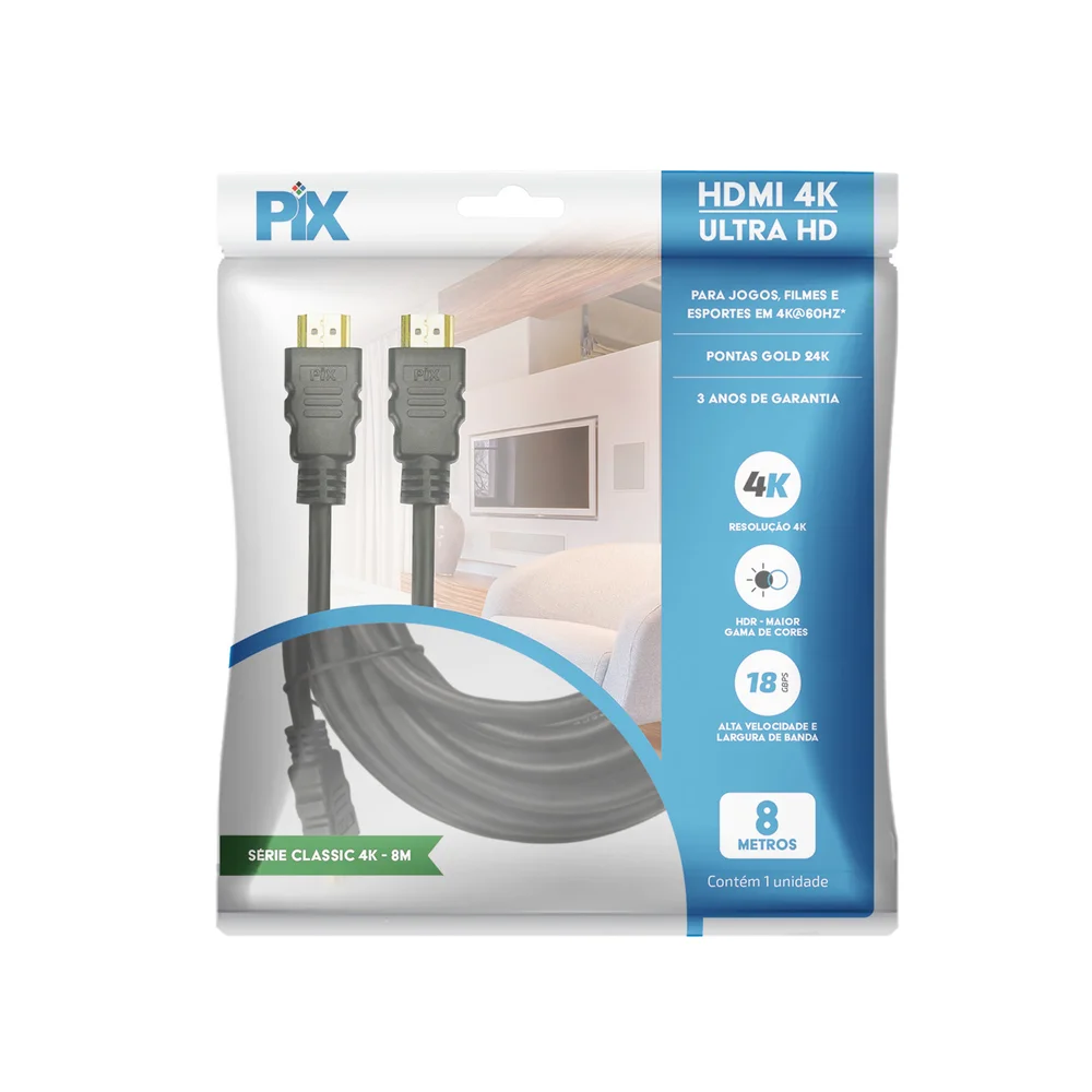 Imagem 5 de 5 do produto Cabo HDMI Pix 018-2228 2.0 Premium 4k UltraHD 3D chip Sce, 19 Pinos, 8 Metros