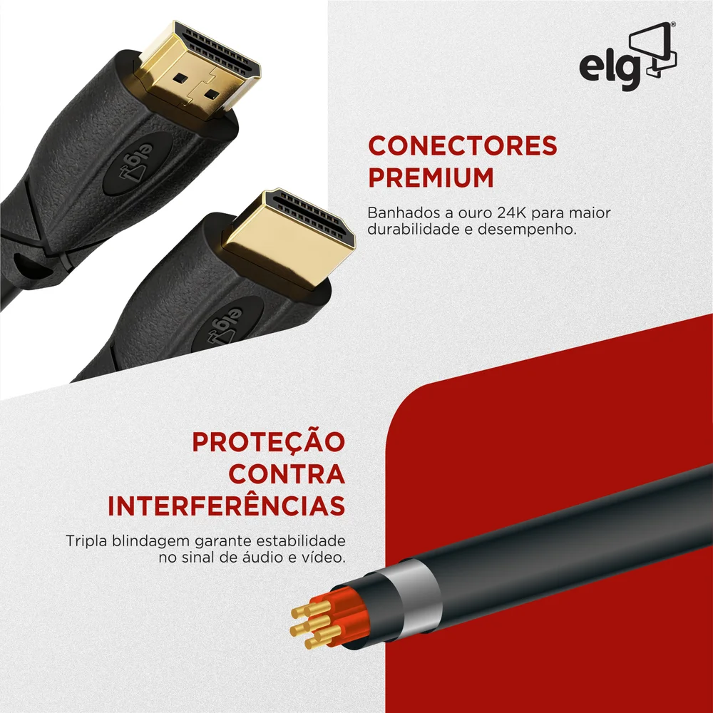 Imagem 2 de 5 do produto Cabo HDMI Alta Performance V2.0, 4k Ultra Hd, Arc E Ethernet, Conectores Com Banho De Ouro 24k, Com 3 Metros, Preto, Hs2030, Elg