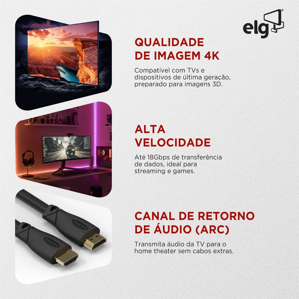 Imagem 3 de 5 do produto Cabo HDMI Alta Performance V2.0, 4k Ultra Hd, Arc E Ethernet, Conectores Com Banho De Ouro 24k, Com 3 Metros, Preto, Hs2030, Elg