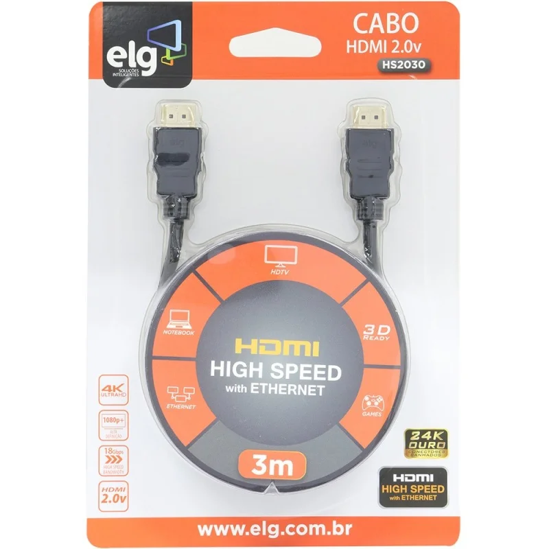 Imagem 5 de 5 do produto Cabo HDMI Alta Performance V2.0, 4k Ultra Hd, Arc E Ethernet, Conectores Com Banho De Ouro 24k, Com 3 Metros, Preto, Hs2030, Elg
