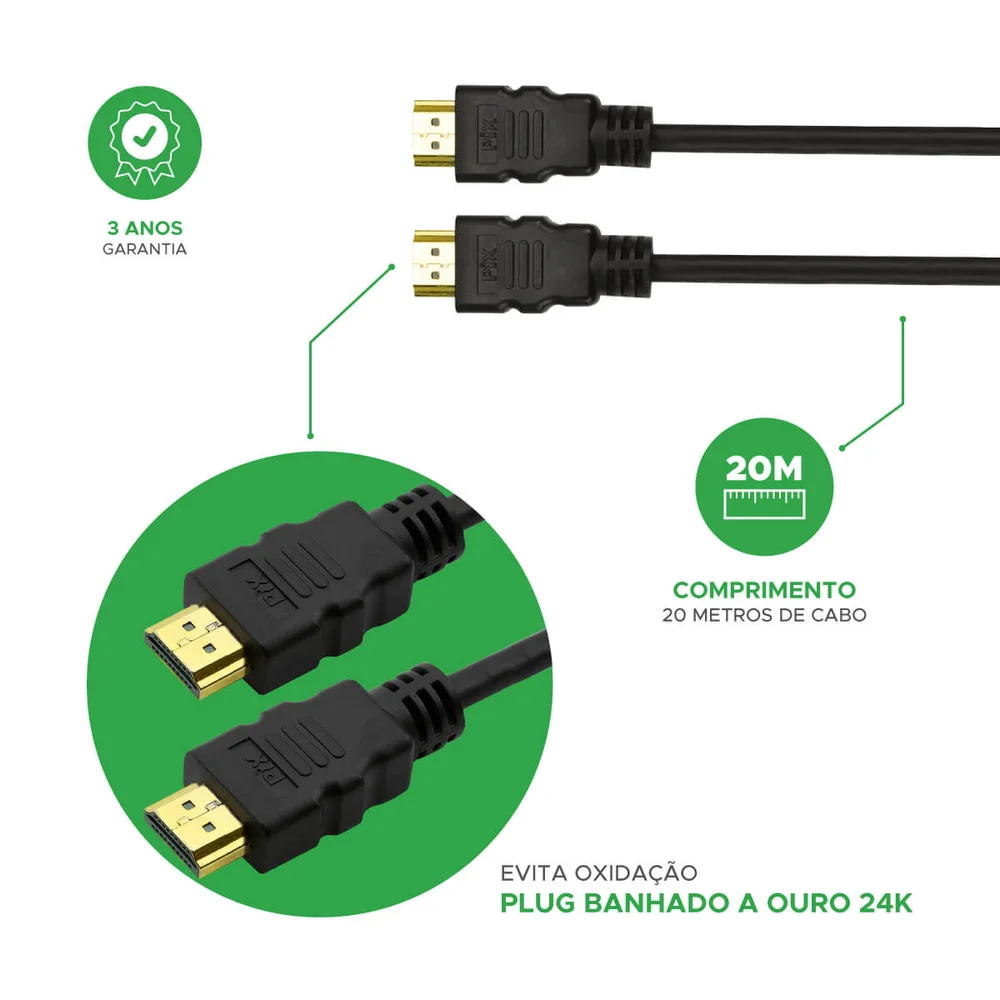 Imagem 3 de 5 do produto CABO HDMI 20MTS VERSAO 20 4K ULTRA HD 19 PINOS PIX 018-2020