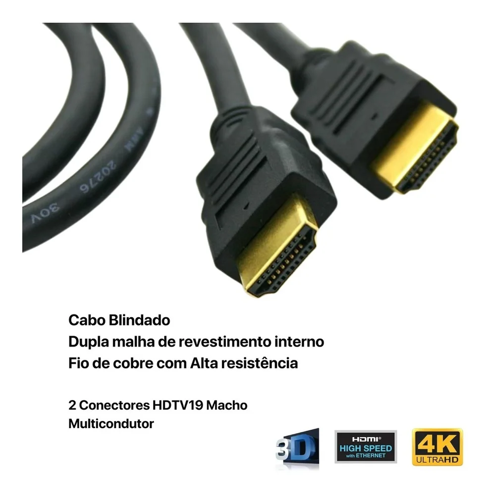 Imagem 3 de 5 do produto Cabo HDMI 2.0, 4K, 3D Ultra HD, 19 Pinos, Tv Compatível Com PS3 PS4 PS5, 2 Metros - 018-2222