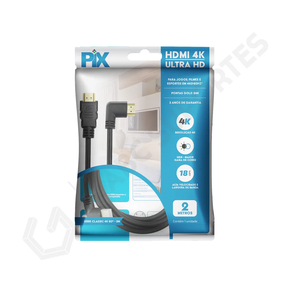 Imagem 4 de 4 do produto Cabo HDMI Pix 90 Graus 2M 2.0 3d 4k 19 Pinos, 018-3322